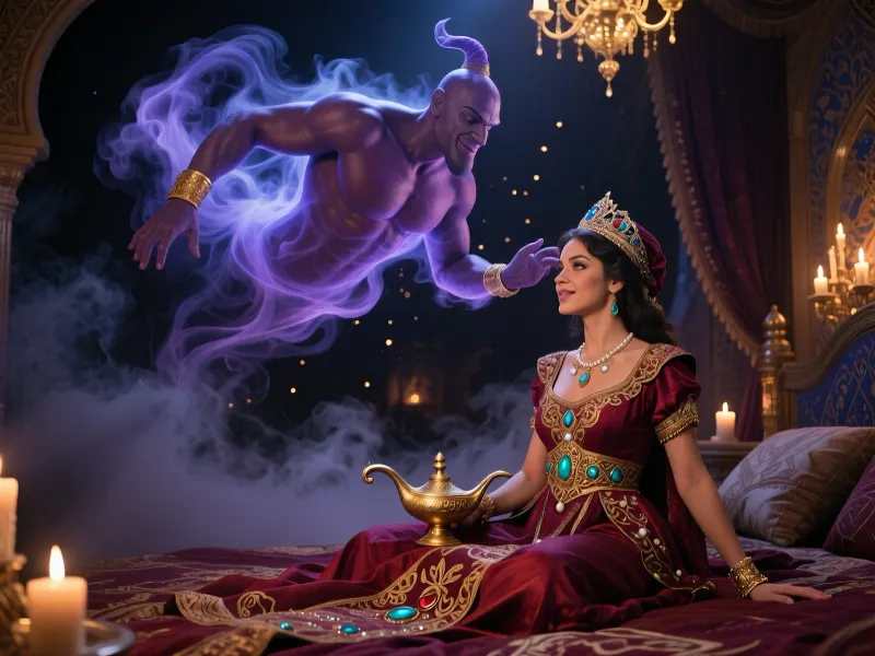 Fantasy setting, cgi Render with imperfections saturated purple colors Style, The scenario is enveloped in the deepest darkness imaginable, filled with thick, swirling steam and smoke that obscures every surface, the air is heavy, dense, and the faintest glimmers of light barely penetrate the suffocating haze, extreme low light, Ultra realistic cinematic, A photorealistic cinematic Arabian Nights... Masterpiece, vertical composition inside a magnificent royal Arabian palace bedroom, with warm low lighting from candles and golden chandeliers. The genie dominates the entire upper half of the image, floating freely above a lavish canopy bed. His massive upper body formed from one continuous swirling vortex of living blue-purple smoke, visible arms and chest, gently turning and leaning toward the princess, warm gentle smile, expressive eyes meeting hers, jeweled turban and golden armlets subtly embedded in the smoke, glowing particles drifting around him. The princess is in the lower left quarter of the frame, noticeably smaller in scale. Seated cross-legged on the bed, actively polishing a small traditional golden magic lamp with the classic rounded body and curved spout. She's wearing a richly embroidered crimson and burgundy silk gown with gold filigree, turquoise gems, emeralds, rubies, and pearls, and an ornate royal crown. Her posture is elegant, head tilted up, eyes locked with the genie's in a first moment of recognition. Uh, keep textures ultra-detailed, cinematic volumetric lighting, warm amber highlights, turquoise shadows