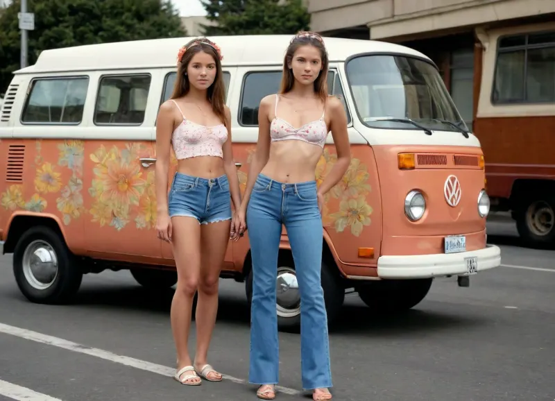 2 girls, french, 18 yo, photo in style of 70's, standing by an old hippie "flowers" pattern VW Camper, topless, tight hippie denim pants, ponytail hair, San Francisco street scenery