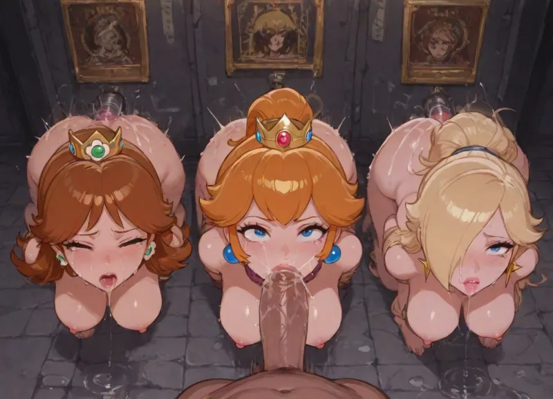 3 girls, Princess Peach, Princess Daisy, Princess Rosalina, sex slaves, group sex, black walls, gold restraints, 6 glory holes, (anal sex), (blow job:1.8), forced, arms restrained, legs restrained, neck restrained, (crying, makeup running:1.2), cum on face, cum on back, cum on ass, (water puddles on floor:1.2), 100 dollar bills on ground, money slot in wall, 100 dollar bills falling from sky, <lora:ratatatat74-000050:.8>, <lora:outline_xl_kohaku_delta_spv5x:.8>, <lora:cartoon_stickers_xl_v1:.8>, <lora:hennnachoco-NAI:.8>