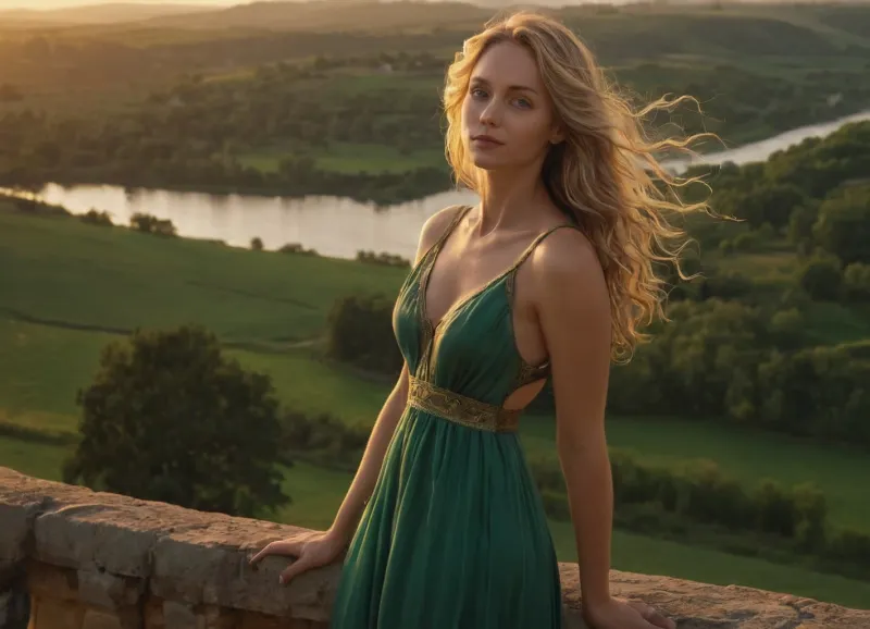 A woman, slender, wavy dirty blonde hair, piercing blue eyes scanning the horizon, wearing a green dress gold trim, standing on the wall overlooking a river valley with farmland, a relaxed expression admiring the beauty of the landscape, dawn, sun coming up in the horizon, morning light, ultra-realistic fantasy art