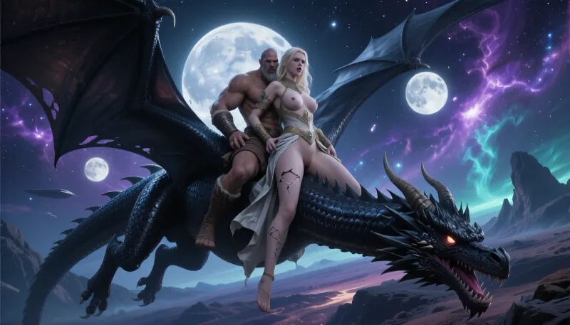 Cinematic wide shot, massive black dragon soaring through a surreal alien sky, on the dragon's back an muscular orc barbarian is anal fucking a captive human princess, princess has pale skin and light blonde hair, torn royal dress revealing magnificent breasts and buttocks, explicit sexual act, deep penetration, intense expression, breathtaking alien landscape below, three glowing moons of varying sizes illuminating the sky, otherworldly nebula, cosmic purple and teal atmosphere, dramatic lighting, hyper-realistic textures, scales of the dragon glistening, detailed fabric tears, sharp focus, 8k UHD, masterpiece, highly detailed, intricate skin pores, volumetric lighting, epic scale, fantasy concept art.