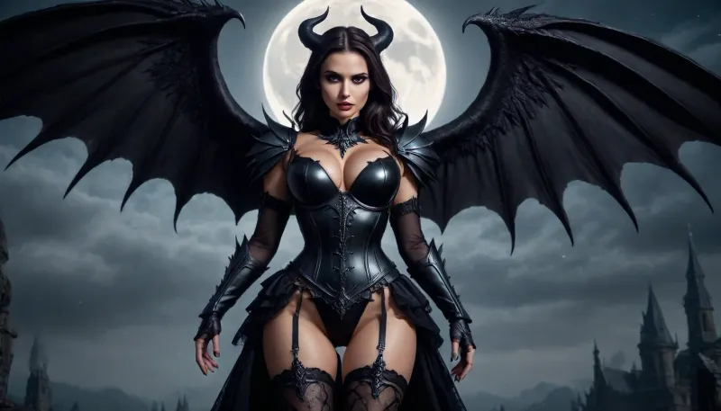 beautiful sexy skinny 20 year old gothic warrior demon woman in armor flying in the sky behind the moon on the night, very big massive round boobs, wearin sexy black lace and tansparent lingerie, high heels, garter belt, stockings, Maleficent horns, long and large Maleficent wings, Red eyes, bare legs, good hands, perfect fingers, perfect face, sword in right hand, breasts, boobs, huge, tits, prefect vagina, pussy shaved, <lora:bombshell_v2:.8>, Seraphim, <lora:Seraphim_Style_SDXL:.8>, ObsidianWood, <lora:ObsidianWood:.8>