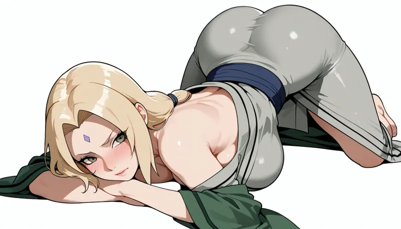 derpixon style, simple cartoon porn, bold black outlines, vibrant flat colors, without shading, clean lines, white background, Lady Tsunade from Naruto, curvaceous mature body, very large breasts, slim waist, wide hips, long straight blonde hair, green eyes, violet diamond mark on forehead, beautiful confident face, slight blush, aroused expression, wearing a grey kimono pushed down to her waist, on all fours, ass up, back arched, full body view, maximum simplicity, clean flat coloring, no complex details, no gradients, no shine