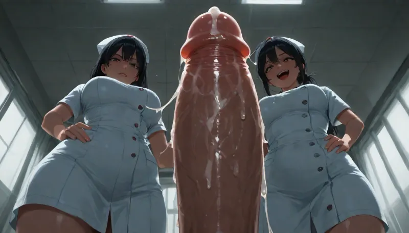 pov, first person view, from below, worm's-eye view, looking up, (erect penis:1.3), (cock foreground:1.2), glans, penis from below, post-ejaculation, (cum on penis:1.2), (dripping cum:1.2), cum string, cum on floor, cum puddle, cum on clothes, 3 nurses, nurse uniform, white nurse dress, nurse cap, medical scrubs, three women standing over, looking down at viewer, towering over, (mocking expression:1.3), ridiculing, laughing, (pointing at penis:1.2), one nurse pointing at cum on floor, one nurse hand covering mouth stifling laugh, one nurse hands on hips looking down with scorn, disgusted face, cum stain on nurse dress, surprised expression mixed with contempt, hospital lobby background, tiled floor, ceiling fluorescent lights, hospital corridor, fallen papers on floor, (flat colors:1.2), (thick black outlines:1.2), cel shading, solid color blocks, simple shading, no gradient, clean lineart, high saturation, bright colors, high contrast, 2d art, cartoon style, (game cg:1.1), plants vs zombies art style, western cartoon, bold comic style, simple background, minimal shading