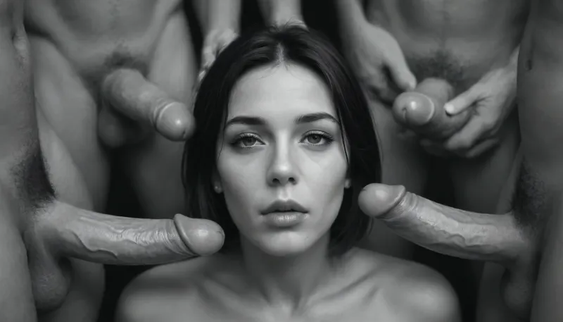 ((artistic black and white image:2)), (front view of one 50 years old naked 160 cm tall mom), nude woman, ((woman facing the camera)), woman is surrounded by penises, brunette hair, blunt bob cut hair, (mouth closed), saliva on her face, saliva on her lips, Film Noir scene, sensual image, (woman looking straight at viewer), ((Front facing portrait)), strong contrast between light and dark, (four men standing sideways around woman out of frame), ((penis)), (an erect 17cm Caucasian penis directed to woman's face from side), (woman's lipstick is smeared out)