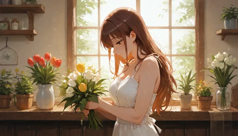 Create a watercolor painting of a young florist woman with long, wavy brown hair, working as a florist in a cozy tulip shop. She has a slender build and is wearing a tight provocative summer dress. She is leaning over a wooden workbench, focused intently on arranging a beautiful, large bouquet of fresh tulips. Her expression is filled with joy and professional as her hands carefully place a stem into the arrangement, which features red and white tulips and various sprigs of greenery. The background is filled with blurred shelves stocked with assorted tulip arrangements. The lighting is soft, warm, and natural, emanating from the right side, highlighting the texture of the flowers and the subject's face. The overall composition captures a peaceful, romantic moment in a small business setting. Watercolor, oil, and, watercolor, painting, <lora:oil_and_watercolor_painting:.8>