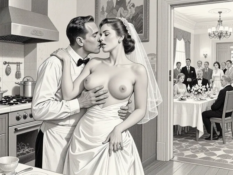 This is is a detailed monochromatic pencil drawing in a classical illustrative style depicts a scene set in USSR, in 1950s, a striking busty slutty bride in a white dress, hugs and passionately kisses an waiter in the restaurant kitchen who roughly and imperiously paws her tits, ((marginal waiter roughly pawing her exposed tits with his fingers)), the restaurant hall is visible through the open kitchen door, on a festive table during the wedding banquet, family and parents are watching in their best clothes, a large banquet hall, They celebrate the wedding without noticing the bride, The overall mood is intense, rendered in fine, expressive line work and subtle shading, evoking the style of 1950s satirical or moralistic illustrations.