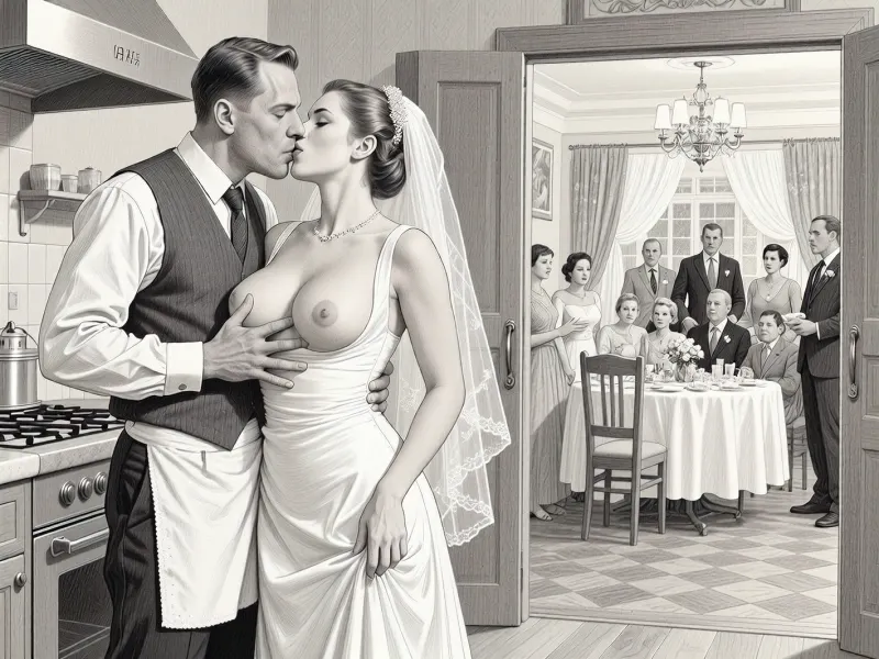 This is is a detailed monochromatic pencil drawing in a classical illustrative style depicts a scene set in USSR, in 1950s, a striking busty slutty bride in a white dress, hugs and passionately kisses an waiter in the restaurant kitchen who roughly and imperiously paws her tits, ((marginal waiter 50 yo roughly pawing her exposed tits with his fingers)), the restaurant hall is visible through the open kitchen door, on a festive table during the wedding banquet, family and parents are watching in their best clothes, a large banquet hall, They celebrate the wedding without noticing the bride, The overall mood is intense, rendered in fine, expressive line work and subtle shading, evoking the style of 1950s satirical or moralistic illustrations.