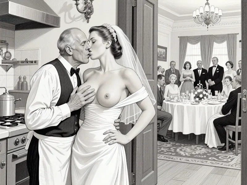 This is is a detailed monochromatic pencil drawing in a classical illustrative style depicts a scene set in USSR, in 1950s, a striking busty slutty bride in a white dress, hugs and passionately kisses an old waiter in the restaurant kitchen who roughly and imperiously paws her tits, ((marginal old waiter roughly pawing her exposed tits with his fingers)), the restaurant hall is visible through the open kitchen door, on a festive table during the wedding banquet, family and parents are watching in their best clothes, a large banquet hall, They celebrate the wedding without noticing the bride, The overall mood is intense, rendered in fine, expressive line work and subtle shading, evoking the style of 1950s satirical or moralistic illustrations.