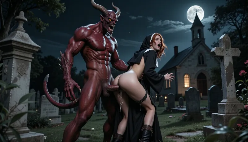 The scene shows an old cemetery with an little church in the background. It's night. The full moon stands high in the sky. A gigantic, diabolical creature from hell with dark red skin and two horns on his forehead stands on the cemetery and holds a pretty nun with disheveled red hair, her habit tattered, in the tight grip of his both claws. Her feet are not touching the ground. His enormous penis penetrates the nun's anus deeply. Saliva drips copiously frome his predator teeth onto her bare back. She screams, weeping with terror and pleasure. The camera shows the scene in total in a wide shot.
