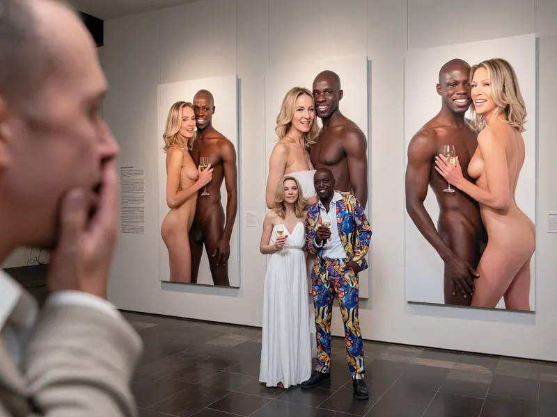Masterpiece, ultra realistic cinematic editorial photography, wide angle composition, deep depth of field, uninterrupted razor sharp focus across the entire museum gallery, inside an elegant Museum of Erotic Art, contemporary architecture, polished dark stone floors, dramatic museum lighting, clean minimalist exhibition design, the unmistakable centerpiece is a gallery wall displaying exactly three monumental vertical blow-up photographic prints hanging side by side, each museum print extraordinarily large, exquisitely detailed, perfectly readable, exhibiting premium photographic paper texture, every print clearly portrays exactly the same two people standing in front of the exhibition, the identical wife, 45 years old, fair skin, shoulder-length softly waved blonde hair, subtle age lines, warm genuine smile, elegant facial features, and the identical extremely dark-skinned Black African male model, 30 years old, completely shaved head, exceptionally athletic physique, warm confident smile, unmistakable facial features, identical proportions and appearance in every photograph and in real life, each blow-up presents the same pair in a different refined artistic nude composition, naughty adult porn photography, expressive posing, affectionate body language, Uninhibited depiction of any sex positions, like, oral sex, vaginal sex, anal sex, both models equally prominent in every image, directly in front of the exhibition wall with all porn depictions, stand the identical woman wearing an elegant flowing white summer dress and the identical Black African male model wearing an extravagant colorful designer suit with an open collar and tailored white shirt, both smiling warmly as friends while lightly clinking champagne glasses and proudly admiring the exhibition, in the absolute foreground, rendered in extreme soft blur, the husband, 50 years old, smooth fair skin, neatly dressed in an elegant jacket, has turned away from the exhibition and is walking toward the exit, his face still partially visible in profile, one hand covering his mouth in visible shock and disbelief, cinematic museum lighting, premium editorial realism, hyper-detailed storytelling, masterpiece composition, ultra high resolution