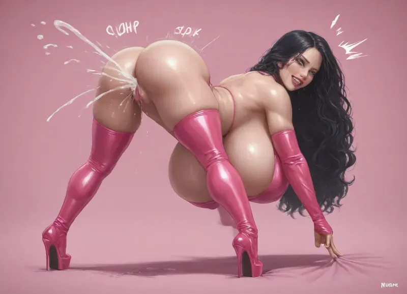 25+, bimbo, fit, rounded boobs, bubble butt, hyper cleavage, pink platform high heels, (nine inch high heels:1.3), extremely high heels, pink latex bikini, bikini with logo and print, black hair, long hair, pink background, movement lines, squishing noises, rolling eyes, cumshot, dynamic pose, evil grin, orgasm, flapping noises, gurgling, rough sex, raw, pink silk sheets, pussy juices, cum puddles, man grabbing her firmly, satin sheets, shlocking noises, sweat flying