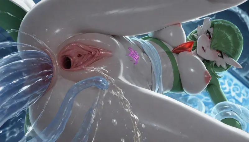 (Gardevoir:1.4), as an adult, from pokemon, naked, (green hair:1.2), (gardevoir chest piece), (realistic, photo-realistic:1.12), beautiful face, pink nipples, show naval, naval piercing, (slim legs, slim thigh, small ass:1.18), pink womb tattoo, Baked, large breasts, (challenging and defiant gaze:1.3), cute asian charactor of Japanese anime, (show urethra:1.7), (swollen clitoris:1.5), ., (groping her tits, bouncing small boobs:1.15), (floating:1.22), under angle, (direct below:1.11), BREAK, (a penis tentacle of glowing light blue wrapped around all legs, a penis tentacle of glowing light blue wrapped around waist, a massive penis tentacle of glowing very strong light blue is fucking vagina, deep vaginal penetration, deep anal penenetration, show clitoris, show labia, show urethre, a massive penis tentacle of glowing very strong light blue is thrusting pussy from ground:1.12), stretch asshole, (stretch urethra:1.3), (all penis tentacle are made of transparent light blue water:1.18), light blue reflections on skin, show soles of feet, bare feet, (High, Resolution), (More, Details), (8K), (peeing:1.2), (pissing:1.2), (squirting from urethra:1.3), <lora:checkpoint-e100_s400:.8>, <lora:dark:.8>