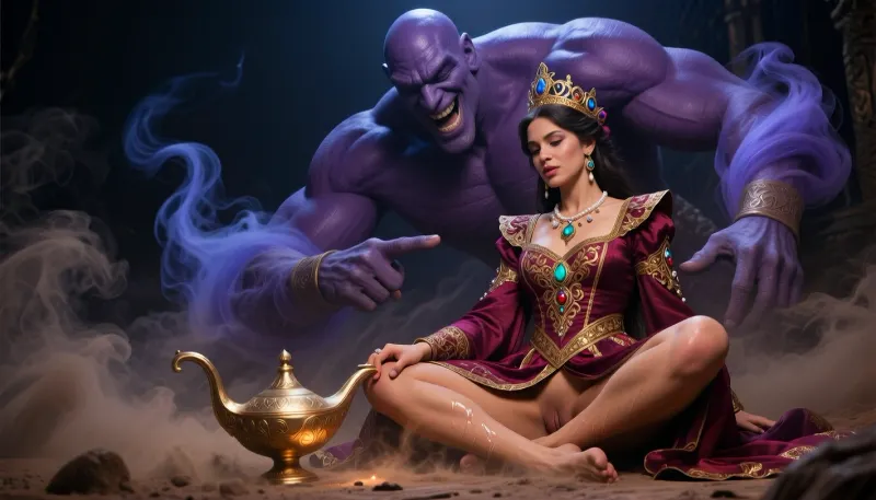 Fantasy setting, cgi Render with imperfections saturated dark purple colors Style, The scenario is enveloped in the deepest darkness imaginable, filled with thick, swirling steam and dust that obscures every surface, The air is heavy and thick, and no ray of light penetrates the suffocating haze, Wide cinematic establishing shot with strong negative space above, camera pulled back, strict composition. The princess is ultra small in scale, confined to the lower left quarter only, seated cross-legged, polishing a traditional golden Arabian lamp with a rounded body and curved spout. A colossal gin towers over her, filling the entire upper half of the frame, massive shoulders and arms formed from a continuous swirling blue-purple smoke vortex, leaning down toward her, Her posture is naughty, head tilted up, The princess is flirting intensely with the genie, She's wearing a richly embroidered crimson and burgundy silk gown with gold filigree, turquoise gems, emeralds, rubies, and pearls, and an ornate royal crown. Her posture is naughty, she sits in a seductive pose, naturally facing the genie, she has her legs wide open and is showing the genie her wet vagina, they make intense eye contact, Their bodies are turned towards each other, his gigantic hand points between her legs, the genie laughs loud, keep textures ultra-detailed, cinematic volumetric lighting, warm amber highlights, turquoise shadows