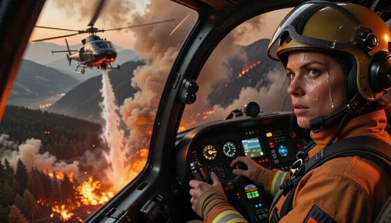 Fantasy setting, cgi Render with imperfections saturated dark orange colors StyleAn ultra-realistic, cinematic aerial image, an extreme close view into the glass cockpit of a firefighting helicopter flying through the smoke-filled skies above the Italian Alps during a catastrophic forest wildfire, the helicopter is executing a steep banking turn, with the curved canopy revealing an Italian woman 28, elite firefighter, wearing proper modern firefighting flight gear, protective flight suit, helmet with visor raised, aviation headset, harness securely fastened, her face drenched in sweat with large beads of perspiration across her forehead, flushed skin illuminated by the intense orange glow of the flames below, absolute concentration in her determined eyes as both hands precisely control the aircraft, highly detailed cockpit with realistic flight instruments, switches, displays and illuminated controls, heat haze and smoke visible outside the canopy, in the background a second firefighting helicopter is seen in full, dramatically releasing a massive torrent of water onto the blazing forest, the white cascade plunging into towering flames and erupting into enormous clouds of steam, making the firefighting mission immediately obvious, dense black smoke, burning mountainsides, glowing embers and dramatic atmospheric perspective, cockpit and pilot rendered in razor-sharp focus, distant wildfire softly blurred, vivid reflections across the cockpit glass, dynamic rotor motion blur, breathtaking realism, cinematic lighting, masterpiece, award-winning aerial image, National Geographic quality.
