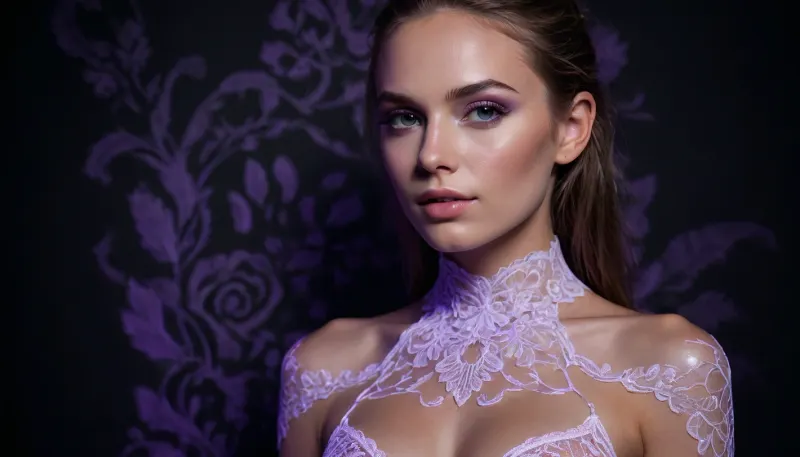 Fashion editorial photograph of a beautiful face and fit naked body rave girl in intricate lace under ultraviolet blacklight in a pitch-black studio. The lace fabric is UV-reactive, glowing in bright fluorescent white and soft violet as the intricate floral lace pattern catches the blacklight — every thread and scalloped edge illuminated with a soft neon bloom against total darkness. Subtle glowing accents on skin from UV-reactive body shimmer adding a soft ethereal glow without overpowering the fabric detail. Pose elegant and confident, pornstar castings