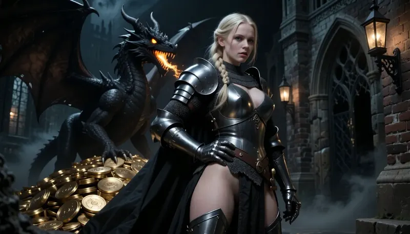 Sexy curvy big ass woman in knight armor, she is a Scandinavian knight with pale sunless skin, long light blonde hair braided into a single neat braid, clear blue eyes, and a cold focused expression of absolute resolve. She wears dark heavy knight armor, heavy but elegant, with layered black and charcoal cloth tabard. Dragon, large black dragon on top of pile of gold in a gothic castle at midnight, its eyes glowing in a warm yellow-orange hew, its maw is slightly opened a beginning flame growing in the back of its throat.

The castle is dark and claustrophobic, with rough brickwork, crooked gothic arches, old stone walls, wrought-iron lanterns, drifting fog, and deep black corners where danger waits. High fantasy knight, gothic castle, cinematic composition, ultra detailed, realistic painterly style, dramatic low-key lighting, deep shadows, tense stealth atmosphere, elegant martial pose.