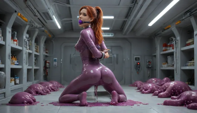masterpiece, 4k, 1 slim babe, medium breast size, German athletic girl with muscular legs and ass, kneeling, in spaceship, (standing in spaceship over slime bowl, purple ball gagged:1.2), red hair, grey eyes, (hands tied behind her back with metal cuffs:1.5), bdsm, view from rear, legs spread, looking back at viewer, submissive, long hair, nipple piercing, (muscular slim body:1.2), tight big silver choker around her neck, tears, (body oiled up:1.3), (shiny oiled body:1.3), body oil, standing, (pearlescent silver purple transparent bodysuit, brassiere, dense durable transparent silicone shapewear bodysuit, glossy purple transparent latex stockings and garter belt), viewed from rear, ((octopus tentacle monsters), tentacle dick, (anal)), Read, instruction, for, the, complete, features, Tentacle, nest, Slimy, swamps, giant, slime, mushrooms, soft, tentacle, sex, Slime, scene, prisoned, in, experimental, glass, tube, Love, tentacles, opening, anus, vagina, spreading, pussy, sucking, a, blowjob, Massive, penetration, Icy, blue, thick, penis-shaped, penis, shaped, hair, queen, of, Sparta, Futuristic, powered, outfits, tribal, body, paintings, tanned, glossy, skin, covered, with, colored, and, dark, mud, Cum, drip, floods, from, her, mouth, ears, massive, cum, flood, on, floor, Sticky, liquid, dripping, suspended, above, ground, by, ropes, top-down, bottom-up, Pleased, Surprised, breathless, Flirty, Closeup, Depth, field, bottom, view, belly, under, Shiny, Darkness, View, ass, behind, futuristic, l4b0r4t0ry, great, lighting, 4ng3l, face, <lora:Tentacles_RELOADED:1>, <lora:futuristic_l4b0r4t0ry:.8>, <lora:great_lighting:.8>, <lora:SDXL_BetterFaces-LoRA_v1:.8>, focus pussy