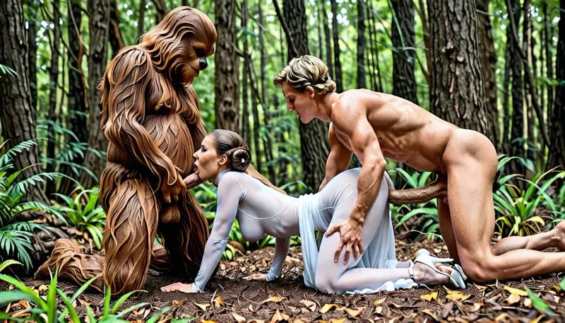 8k, tall women, sex orgy, princess leia from star wars, chewbacca, fucking princess leia, deep anal penetration, (doggystyle:1.3), detailed surroundings of forest, massive cock, transparent tight white dress, motion lines, narow hips, side view, <lora:detailed_notrigger:2>, <lora:LCMTurboMix_Euler_A_fix:.8>
