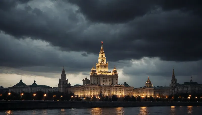 (in soviet patriotic and propaganda poster of 1950s style), view of Moscow University, dark and oppressive atmosphere, the building stands out with its light silhouette against the dark clouds and black sky as an embodiment of imperial power