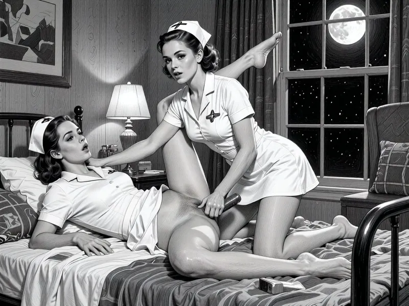 This is a detailed monochromatic pencil drawing in a classical illustrative style depicts a scene set in the living room of an American house from the 1950s. extremely stylized background, BDSM, 2 lesbian nurse
---------------------------------------------------------------------------------------
In a full view picture a 2 lesbian nurse, nurse is fucked doggystyle by a brunette lesbian strap on strapon on a messy hospital bed. Vaginal sex, The nurse is wearing a mini-dress white nurse uniform, very short, it is possible to see her shaved pussy, it is night at the only light in the room is bright moonlight coming from one large window, uniform.
---------------------------------------------------------------------------------------
The overall style is a black and white pencil drawing, capturing a candid moment. The scene has a formal, organized atmosphere. The overall mood is intense, rendered in fine, expressive line work and subtle shading, evoking the style of 1950s satirical or moralistic illustrations.