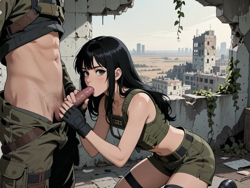 Sharp focus on head and hands. Sci-fi flat 2D visual novel scene, mate finish, ink-style shading, high contrast, digital hentai illustration, Hentai-style, beautiful woman on her knees, doing blowjob and handjob to the dick of a standing man in survival outfit whom pant is open and whom face is out of the frame. She wears military small short and vest, long black hair, she is inside a desolated building on the edge, behind her the wide desolated horizon with destroyed building seen through a destroyed wall, few climbing ivy plants, post-apocalyptic ruined cityscape.

2d flat hentai aesthetic, detailed high-end hentai style. All rendered with hand-drawn ink outlines, ink outlined background, retro cell-shading with flat sharp shadows, vibrant. Big eyes