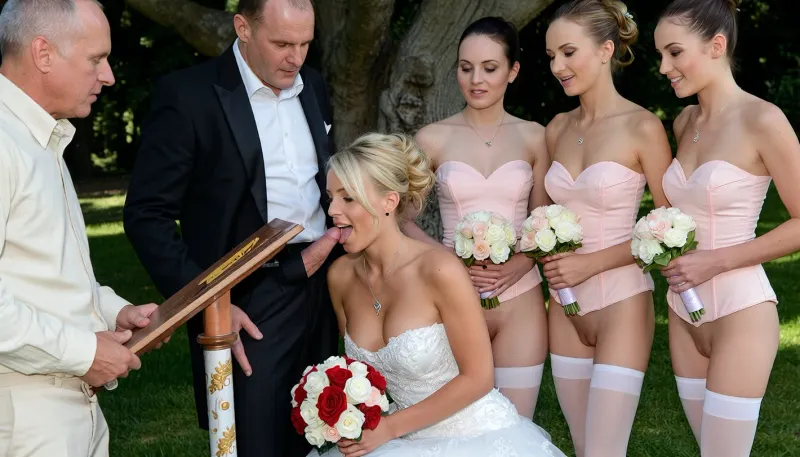 The bride and groom before an elderly priest. Diagonally beside the bride stand her four bridesmaids, at some distance from the couple. The priest stands behind a small, festively decorated lectern. the bride kneeling in front of the groom, and lick his penis, the bride gives the groom a blowjob., (The beautiful, slender, naked bride wears her blonde hair in an elaborate, professional updo, she is wearing white nylon stockings, an intricately embroidered white open-bust corset, and a silver necklace with a small silver heart-shaped pendant. The bride's vagina is perfectly shaved, not a single hair or bit of stubble is visible. Her breasts are small but firm. The bride looks happy, it is evident that this is the most beautiful day of her life. The bride holds a bridal bouquet in front of her body with both hands, the bouquet consists of red and white roses.), (The naked groom has an erect penis and is wearing only a black tailcoat and a white button-up shirt. short brown hair with a side part. The groom gazes lovingly at his bride.), (The bridesmaids also have their hair in updos, both are wearing pastel pink nylon stockings and pastel pink open-bust corsets. The bridesmaids' vaginas are also perfectly shaved. They are happy and delighted for the bride. The bridesmaids also each hold a small bouquet in front of their bodies with both hands, the bridal bouquet consists of white and pastel pink flowers.), A sunny summer day in the garden, in the background, several large, old trees providing shade are visible. However, the women are in full sunlight.