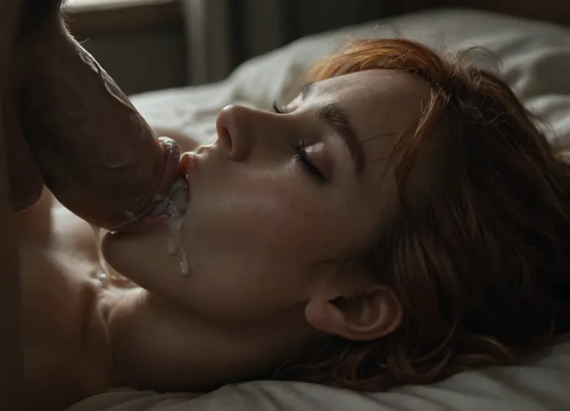 (close-up cum from curved cock on oprn asshole), lying on back on bed, natural movement, side view, insanely hot natural face, freckles pale skin, full sensual lips full of white thick cum, open mouth for cum load, ((vainy curved cock cum dripping on their mouth)), closed eyes, redhead longe bangs haircut, lwaup, lying, oneaup, with, one, arm, up, botaup, both, arms, onestr, stretched, botstr, 30 years old, ashlynn_spektre_xl, <lora:LyingWithArmUp.1.0:1.4>, <lora:()Ashlynn Spektre XL:1.3>, <lora:CinematicStyle_v1:.8>, <lora:dark:.8>, <lora:detailed_notrigger:.8>