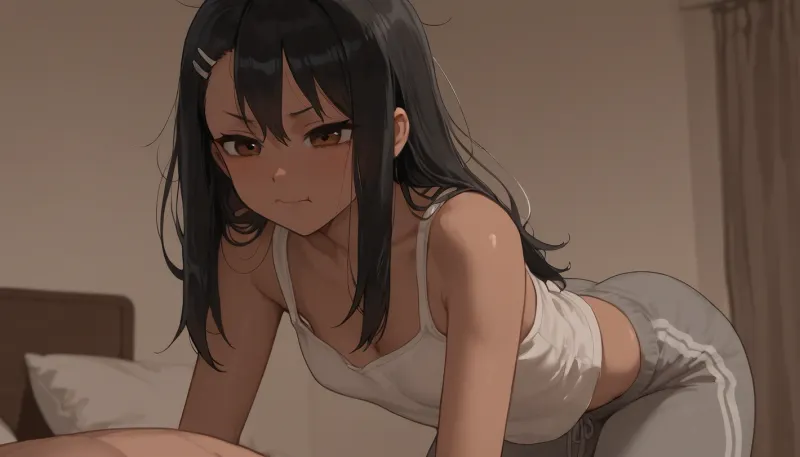 Hayase Nagatoro, petite build, flat-chested, messy hair, no makeup, in a bedroom setting, looking candid and natural, wearing sweatpants and a tank top, anime art style, fanart, explicit, nsfw.