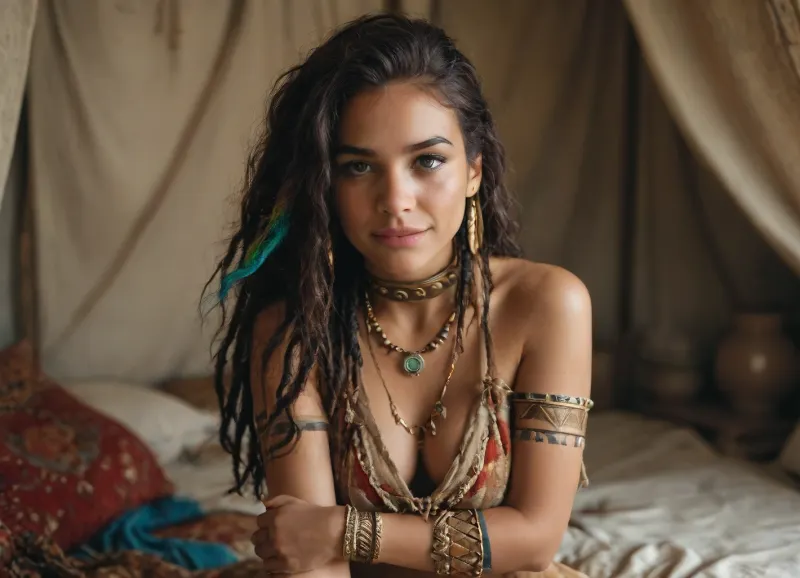 Luxury hippy yurt tent, best quality, hyper intricate detailed image, gorgeous seductive luscious, (jewelry, collar, necklaces, braclets, tribal Tattoos), very Long Dreadlocks with colored Highlights, Glowing hair accessories, fully rounded big perky perfectly Protruding boobs, big full swollen lips, thoughtful expression, lascivious smile, sexy hippy clothes, <lora:MJ52:.8>