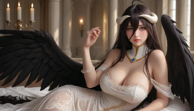 Albedo, (Overlord), 18+, Round Breasts, Big Butt, Black Hair, Bangs, Long Hair, Contour Lighting, Large Black Wings Growing from Waist, Beautiful Face, Hot, curvy, blushing brunette, vulgar appearance, full lips, wearing a tight white lace dress with sleeves, lace black stockings with a floral print, standing on a pedestal, huge breasts, visible nipples, huge round butt, big butt, large hips, massive hips, gray background, visible beam of light, warm light, in a brightly lit space, backlit, giant round fake breasts, thick hips, (Perfect Giant Breasts:1.3)