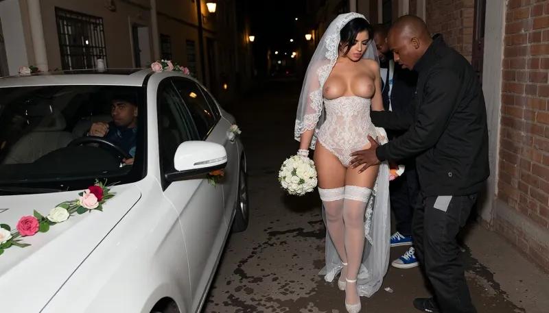 Extremely distant cinematic shot from far behind the flower-decorated white wedding car, looking down the long dark dirty alley at night, the shy embarrassed curvy Iranian bride looking down with flushed face, wearing an extremely tight and revealing hybrid wedding dress made of micro-bikini lingerie and bridal lace that barely covers anything, showing her thighs, sideboob and underboob clearly, white sheer stockings, white high-heeled shoes, long lace wedding veil, holding a bridal bouquet, several rough African black drug-dealer looking criminals thoroughly groping and molesting her body, the groom sitting inside the wedding car watching her with a pleased and aroused expression, tiny distant figures, extreme long shot, cinematic night lighting, humiliating cuckold atmosphere