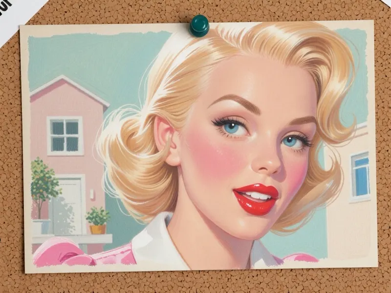 (greasepen art, grease pen on canvass, grease pen painting), (postcard pinned to a corkboard with a single tack, postcard art, old postcard), (1960's style pinup housewife, bombshell babe, pinup girl, 1960's style poster, pastel colors), (huge doe eyes, pale blue eyes:4), (vivid cherry red lipstick, soft blush, soft flirty smle), (blonde hair, glamorous retro styled hair), (oversaturated, smudged colors:2)