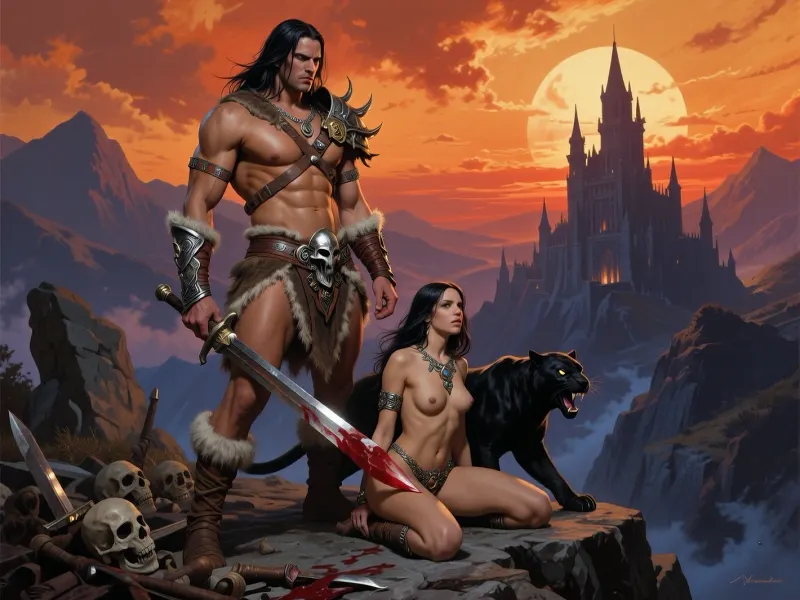 SUBJECT, A powerfully built, muscular barbarian warrior with long dark hair, wearing minimal fur and leather armor, and intricately crafted metal adornments including a skull belt buckle and shoulder pauldrons. He stands stoically, holding a bloodied broadsword. Beside him, a scantily clad warrior woman with long dark hair kneels, adorned with similar metal jewelry. A menacing black panther with glowing eyes crouches behind the woman, its mouth open in a snarl. The foreground is littered with skulls and broken weapons.

ENVIRONMENT, A rugged, rocky outcrop overlooking a desolate, mountainous landscape. In the background, a dark, gothic castle with spires pierces the fiery sky. The atmosphere is epic and foreboding. A large, glowing, hazy sun or moon is visible on the horizon.

VISUAL STYLE, Hyperrealistic fantasy art, painted in a dramatic, painterly style reminiscent of Frank Frazetta and Boris Vallejo. The color palette is dominated by warm oranges, yellows, and deep reds of the sunset, contrasted with dark, moody blues and purples in the shadows and distant mountains. The lighting is dramatic, with strong chiaroscuro creating deep shadows and highlighting the muscular forms of the figures. The mood is heroic, fierce, and awe-inspiring. Wide shot with a slightly low angle, emphasizing the power and scale of the subjects. High detail, intricate textures, dramatic brushstrokes, cinematic lighting, epic fantasy illustration, 8k resolution, masterpiece., cinematic shot, dynamic lighting, 75mm, Technicolor, Panavision, cinemascope, sharp focus, fine details, 8k, HDR, realism, realistic, key visual, film still, cinematic color grading, depth of field.