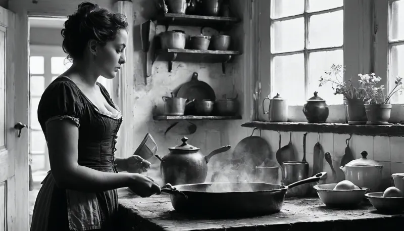 18 century, the young 18-year-old son exposes his malehood to his stepmother. She is working in the kitchen, she is excited as she realize his erection, FRESHIDEAS, Real, Photography, 2#, Black, and, white, art, black, shading, charcoal, toned, brutal, dark, b/w, color, scheme, <lora:FRESHIDEAS Real Photography 2#:.6>, <lora:Black and white art.V1:.1>, <lora:MJ52:.4>, <lora:add-detail-xl:.9>