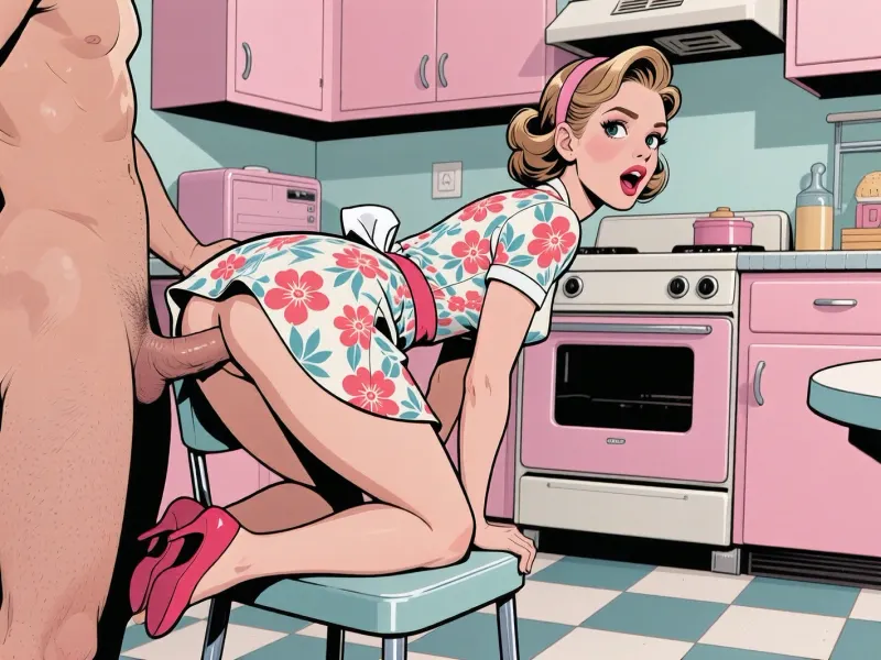 Hentai style, 2D, flat colored illustration, mate finish, ink-style shading, high contrast, digital hentai illustration, 1950s American kitchen, sharp detailed face, charming housewife, knees on a chair fucked by the dick of a standing man who is mostly out of frame, orgasm, fitted floral dress moved up to ass, victory rolls hairstyle, pastel pink retro appliances, checkered tile floor, 2d flat hentai aesthetic, detailed high-end hentai style. All rendered with hand-drawn ink outlines, ink outlined background, retro cell-shading with flat sharp shadows, vibrant. Big eyes