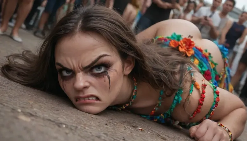 8k, score_9, candid shot, dynamic angle view from side, skinny scandinavian woman laying bended over pushed down on her knees in a crowded gala concert, very shy, embarrassed, (angry:1.6), very detailed face, (runny mascara:1.4), crying, tears, very long hair, (skindantetion:1.4), (deep neckline:1.5), dressed in fully see-through transparent Maxi A-Line Dress With extremely high Side Split, off shoulder, choker, necklaces braclets and ear rings, covered in tattoos, tattoos, neck tattoos, (big ass:1.4), (oiled skin:1.8), (fit:1.8), body, (big breasts:1.8), natural breasts, narrow waist, nipslip, (gigantic dick:1.6), (anal penetration), a man with gigantic dick penetrates her wide open ass