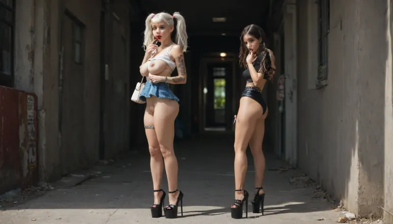 sunlight contrast, parking lot trash, (three prostitutebitches lots tattoos), (((big lips), lipstick finger-licking)), ((rolling big eyes)), (sexual clothing glowing colors), ((platform plateauheels high)), superwaist arching, microskirt xs, necklacestraps, overknee longsocks, ((small handbag)), microbikinitop, ((saggy breast sagging erect nipples oversized)), pigtails bangs whitehair clip, (((pantiepull flashing))), (puffy pussy stroking:1.2), round ass from side, standing slowwalk
