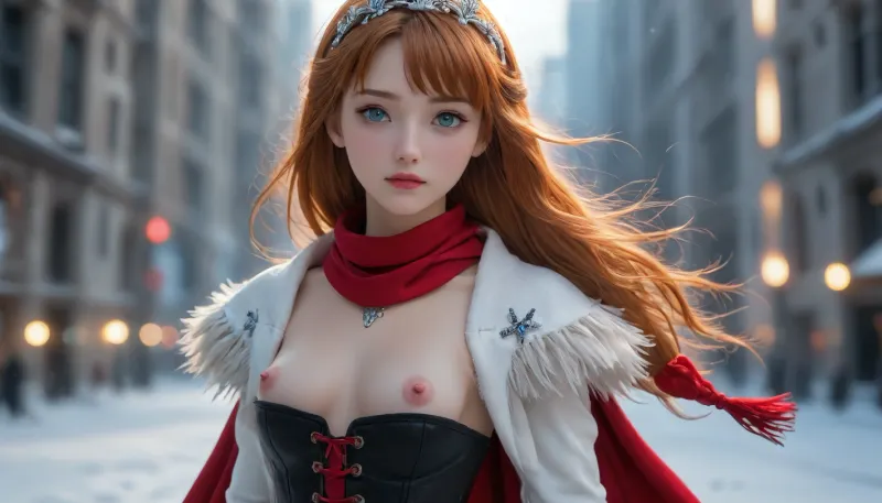 Frostpunk style, 30 year old woman, a hyper realistic ultra detailed image of a beautiful frostpunk woman 30 yo at a dark frozen city, night, ginger hair, black frostpunk dress, Victorian coat, long red scarf, corset, belts, gloves, long wild hair, ((strong snow storm)), perfect mature face, perfect nose, full lips, detailed symmetric beautiful blue eyes, detailed gorgeous face, frozen environment, exquisite detail, ((upper body)), ((skinny body, medium height)), front view, long eyelashes, ((erect detailed nipples)), ((e breasts)), feather, 111cine8matic55, masterpiece, 32k, (Masterpiece), high quality, Volumetric Lighting, backlight, sexy, frost style, cyberpunk, vaporwave, neon, vibes, vibrant, stunningly beautiful, crisp, hyper realistic, sleek, white highlights, white shadows, ANIMEFLUX, fda77, aidmafluxpro1.1, hkmagic, allfrozenworld