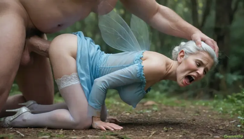 Cinematic side view, deep forest, (giant fit man with ridiculously massive wide hard cock:1.5), (only the man lower body is in frame:1.5), (very rough anal penetration), (giant man pushing his ridiculously massive wide hard cock into her overstretched anus:1.5), fit Granny Fairy Godmother with tinny fairy body, (she is a quarter of their size:1.5), Granny Fairy Godmother, Granny Fairy Godmother with tinny fairy body and saggy tits WEARING FAIRY MOTHER CROWN, fairy wings, wearing half moon glasses, (extreme pain expression:1.5), (eyes closed hard:1.5), (screaming in pain:1.5), stomach bulge, granny Fairy Godmother with saggy tits, white pubic hair, bushy pubic hair, (see through blue dress, stockings, crystal high heels), lean fairy, ethereal atmosphere, dramatic side lighting, shadows, hyperrealistic