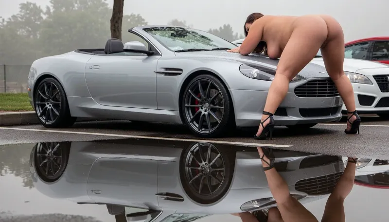 At a classic car show, eye level three quarter side perspective, the foreground is dominated by a pristine silver 2009 Aston Martin DB9 convertible, parked perfectly parallel to the curb, flawless deep metallic paint, black forged wheels, mirror-like reflections, the hero object of the composition, A large breasted fat woman with a large belly in front of the car wearing only black strappy stiletto high heels, she is bent over with her hands on the hood, her legs are spread wide apart, a perfectly still rain puddle reflects the Aston Martin, physically accurate lighting, volumetric fog, realistic reflections, ultra detailed textures, luxury magazine quality, razor sharp focus, subtle depth of field, photorealistic, 8K, indistinguishable from reality, Masterpiece, ultra realistic award winning editorial automotive photography, authentic full frame DSLR realism