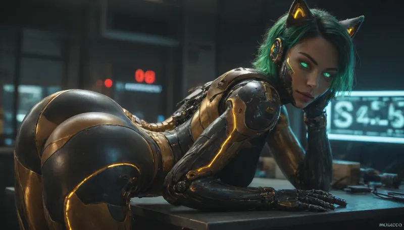 gold and black robotic catgirl, (robotic face:1.4), (smooth metalic skin:1.5), (robotic body:1.7), (glowing green eyes:1.6), cyber bar, neon lights, (assjob:1.4)