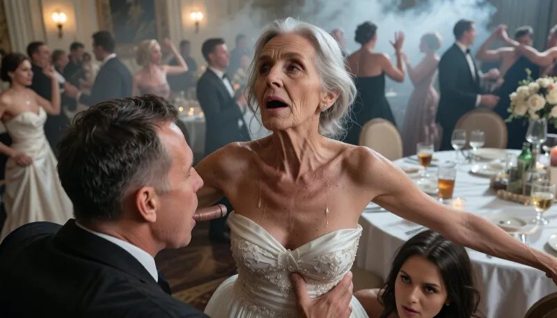 90 years old granny, most wrinkled body, most wrinkled pussy, most wrinkled face
The old man secretly fucks the drunk bridesmaid 90 years old, at the wedding, everyone is dancing, and no one sees it, wears an elegant white dress, looking up, sweaty, disheveled hair, (man looks down to her:1.4), she hides under the table, several drunk party guests dancing in the blurred background, ballroom, shot from above, haze of cigar smoke in the air, filled with dust and smoke, cinematic moody lighting, tense but charismatic atmosphere, crowd, of, people, cloudy, smoke, atmospheric, clouds, fog