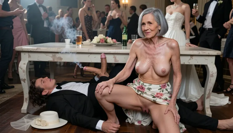 90 years old granny, most wrinkled body, most wrinkled pussy, most wrinkled face, (Mature woman, 90 years old. She has the skin of a 90-year-old woman. Her gray hair is cut in a bob. Her face changes with each shot., (Small, long, sagging breasts, (Highly detailed skin), detailed skin texture, aged and wrinkled body, sagging skin, small soft belly, and shaved pubic area. Gray hair cut in a bob., fat mother of the bride, (kneels under a table:1.6), (sitting astride a man lying down, fucking the cock of the young slim man:1.8), fully formally dressed man with big cock, both under the table, she wears an elegant floral dress outfit, her small sagging breasts hanging out and drooping down, her wedding hat lies on the floor, orgasmic smile, sweaty, brunette disheveled hair, (virginal sex cowgirl:1.8), ((woman sitting on top of the man:1.9)), (man looks like he is ejaculating:1.4), they hide under the table, a bride in wedding dress and several drunk party guests dancing in the blurred background, ballroom, shot from above, haze of cigar smoke in the air, filled with dust and smoke, cinematic moody lighting, tense but charismatic atmosphere, crowd, of, people, cloudy, smoke, atmospheric, clouds, fog))