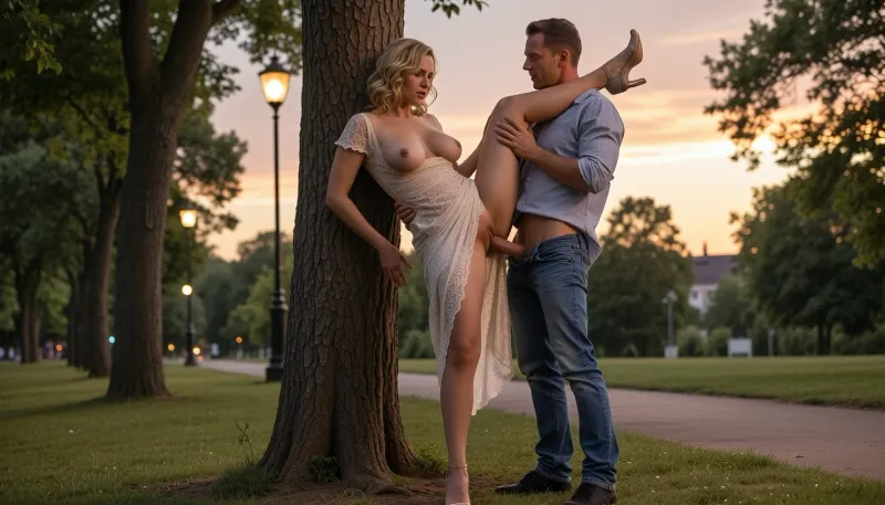 (((ultra-realistic photo taken according to all the rules of photographic composition:1.5))), (atmospheric lighting and the setting of a summer park at sunset), (beautiful sky at sunset), . A warm summer evening, sunset, the streetlights are not on yet, a park, (a man and a woman are standing by a tree, next to a path), ., (The woman is standing with her back against the tree, she has raised her leg up. In front of the woman is a man with his jeans down and an erect penis, he threw the woman's leg over his shoulder and inserted his penis into the woman's vagina.), (The woman is 30 years old, a slender, well-groomed blonde with shoulder-length curly hair, with pleasant features, a rounded, voluminous bottom), (the woman is wearing a light, plain long lace dress with a deep neckline and short sleeves, elegant shoes with high, thin heels), (the woman's mouth is slightly open and her head is slightly tilted down), ((the woman's breasts with large, erect nipples are visible from the neckline)), ((A man, 40 years old, wearing a shirt with rolled-up sleeves, jeans, and men's black shoes), ., ((The camera pans across a park, with a woman standing next to a tree with her back against it, leaning her back against it. A man stands in front of the woman with the woman's leg thrown over his shoulder and inserts his penis into the woman's vagina)), ((The woman is holding onto a tree behind her with her hands:1.5)), ((The man is holding the woman's raised leg with one hand, and with the other hand is touching her bare breast:1.5)), ((Ultra-realistic park)), ((Ultra-realistic standing sex scene)))