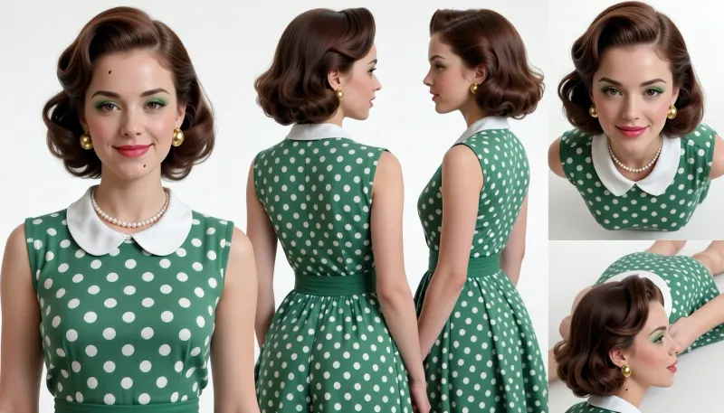 photorealistic turnaround character sheet, five separate views, front view, back view, profile side view, top-down high angle view, low-angle ground view, formal studio lighting. detailed portrait of judy neutron, 1950s retro housewife aesthetic. large voluminous brown bouffant hair, impeccable retro hairspray styling. green sleeveless A-line dress, dense pattern of white polka dots, crisp white peter pan collar attached to dress. single strand white pearl necklace, large polished gold hoop earrings. distinct tiny dark mole beauty mark directly below the left eye. pale green eyeshadow, subtle pink lipstick, smiling expression. slender hourglass proportions, narrow cinched waist, defined feminine figure. shot against a seamless solid plain white studio backdrop, sharp focus, 8k resolution, highly detailed texture on fabric and skin