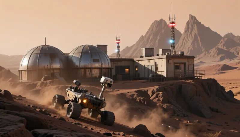 an isolated Mars base under a pale orange sky, its steel domes clinging to the rocky terrain like an abandoned relic. The foreground features a rover trailing dust as it climbs a ridge, their weathered suit catching the flare of a landing thruster. In the distance, the jagged peaks of Olympus Mons rise, while the base itself hums with flashing comms towers. The art style leans into gritty cyberpunk dystopia, with dynamic shadows enhancing the lonely vibe., cinematic shot, dynamic lighting, 75mm, Technicolor, Panavision, cinemascope, sharp focus, fine details, 8k, HDR, realism, realistic, key visual, film still, cinematic color grading, depth of field.