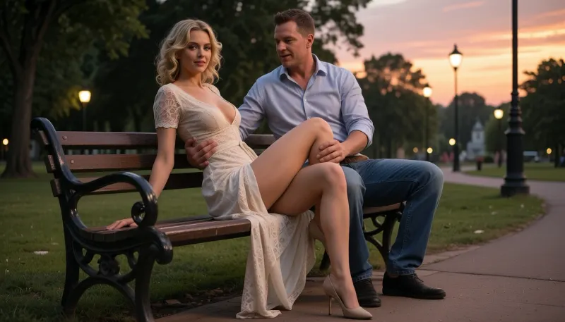 (((ultra-realistic photo taken according to all the rules of photographic composition:1.5))), (atmospheric lighting and the setting of a summer park at sunset), (beautiful sky at sunset), A warm summer evening, it's almost dark, the streetlights are on, a park, (a man and a woman are sitting on a bench next to the path, the woman is playfully leaning heavily to the side towards the man, (her buttocks are completely exposed), the man is touching the woman's breast with his hand), ((perfect hands and fingers)), ., (The woman is 30 years old, a slender, well-groomed blonde with shoulder-length curly hair, with pleasant facial features, a rounded, voluminous butt), (the woman is wearing a light, plain long lace dress with a deep neckline and short sleeves, and elegant shoes with high, thin heels), ((the woman's dress has a deep neckline)), ((large, long, erect nipples are sticking out from under the dress)), ((the woman is not wearing panties)), ((the woman has a perfect, shaved, excited vagina)), ((the woman has a shaved bikini area)), ((A man, 40 years old, wearing a shirt with rolled-up sleeves, jeans, and men's black shoes), ., ((an ultra-realistic erect penis of a man)), ((the camera takes a long shot, with a panorama of a park, in the frame a man and a woman are sitting on a bench, the woman is sitting on the bench, leaning towards the man, the hem of her dress is raised, her bare buttocks and vagina are visible, the man is sitting, touching the woman's breast under her dress with his hand), ((the woman's bare buttocks and vagina between the buttocks are completely visible)), ((ultra-realistic park)), ((ultra-realistic intimate scene))))