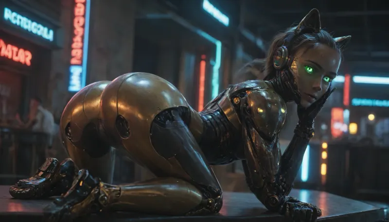 gold and black robotic catgirl, (robotic face:1.4), (smooth metalic skin:1.5), (robotic body:1.7), (glowing green eyes:1.6), cyber bar, neon lights, (she is getting her ass rim by a guy)