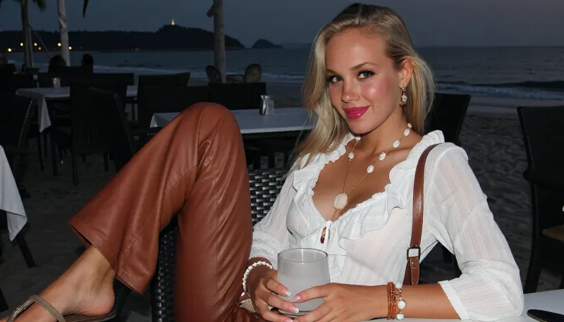 blonde danish girl, 18 years, extreme skinny, tanned skin, ((young face, freckles, intense glossy magenta lipstick, black eyeliner)), flared brown leather pants, white ruffled chiffon blouse, shoulder bag, sandales, sitting in a restaurant, at a beach, in the evening, shell necklace, bracelets, earrings, smiling, ((face, close up)), eating drinking
